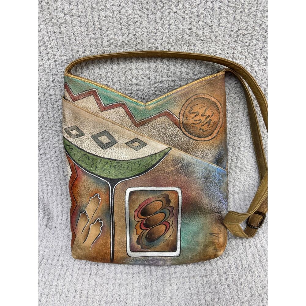 Anuschka Tan Multicolor Print Leather Crossbody Purse #81774